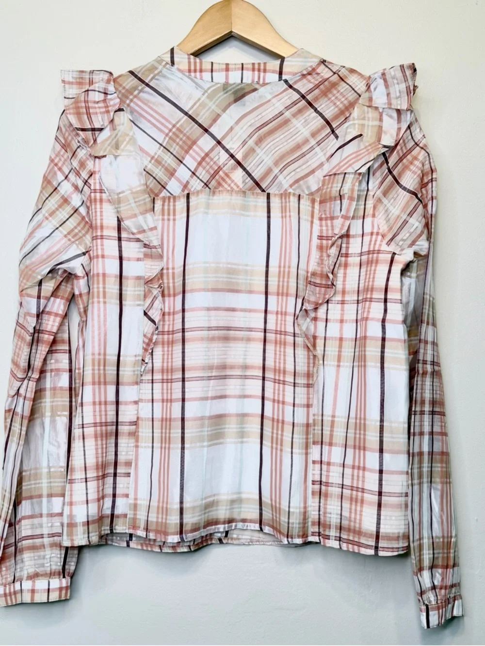 Current Air | Anthro NWT Polly Plaid Ruffle Shoulder Long Sleeve Peasant Blouse - Picture 6 of 15